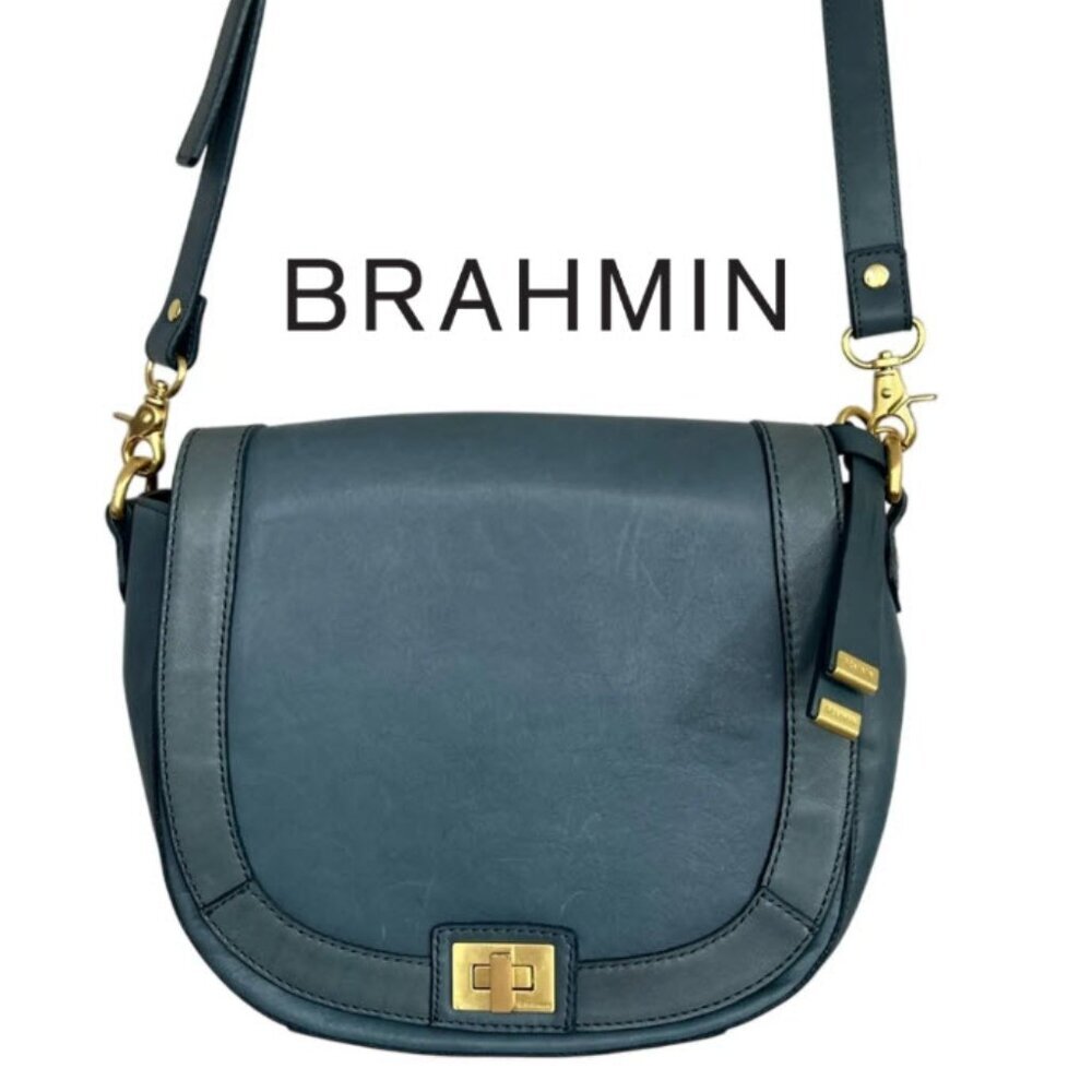 Brahmin Sonny Leather Crossbody Bag Turnlock Teal Aqua Gold Hardware